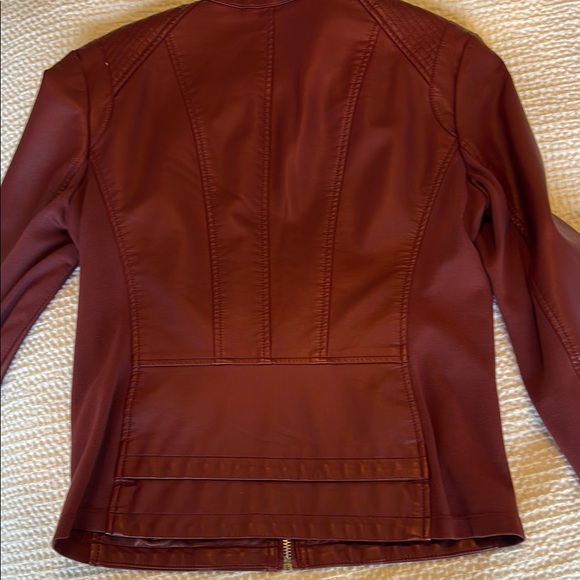 Express Burgundy Leather Motorcycle Jacket with Glossy Finish - Picture 8 of 8
